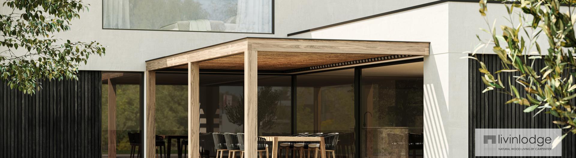 Minimalistische woning met aangebouwd houten lamellendak Minimalistische woning met aangebouwd houten lamellendak
