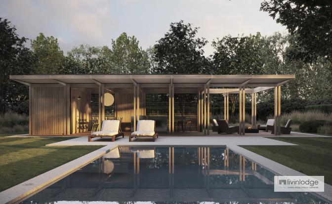 Modernes Poolhaus mit Holzterrasse und strukturellem Sonnenschutz Modernes Poolhaus mit Holzterrasse und strukturellem Sonnenschutz