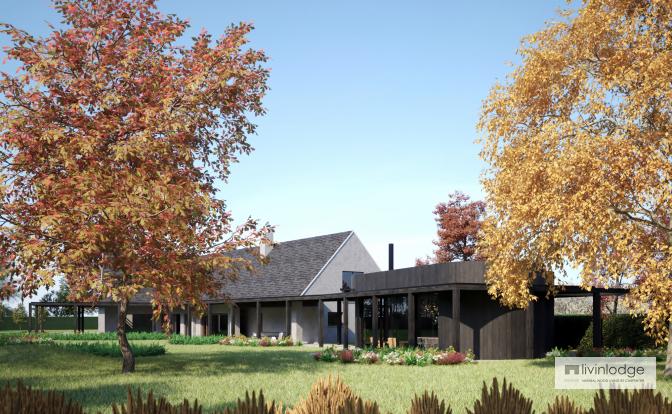 Houten bijgebouw naast de woning verbonden door gaanderij in hout Houten bijgebouw naast de woning verbonden door gaanderij in hout