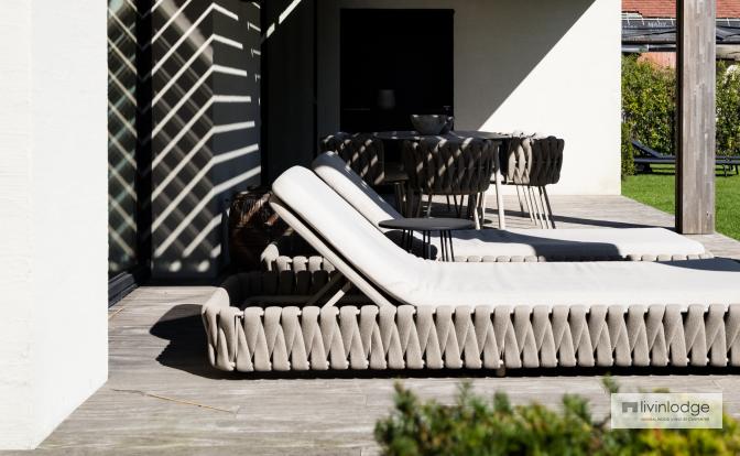 Wooden louvers create a beautiful light effect on a patio Wooden louvers create a beautiful light effect on a patio
