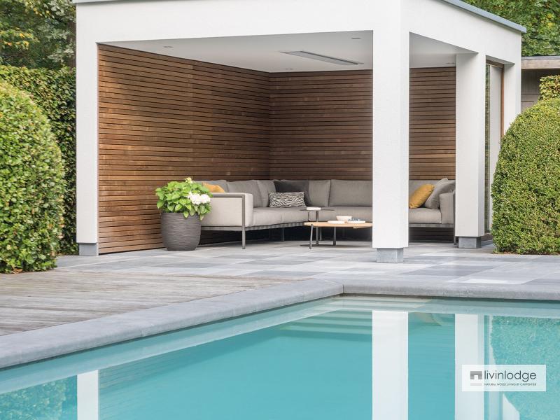 Moderne houten poolhouse met terrasoverkapping Zoersel | Houten bijgebouwen op maat Moderne houten poolhouse met terrasoverkapping Zoersel | Houten bijgebouwen op maat