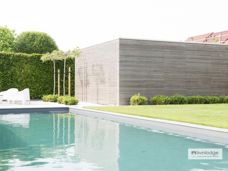 Moderne poolhouse met tuinberging Merchtem | Houten bijgebouwen op maat Moderne poolhouse met tuinberging Merchtem | Houten bijgebouwen op maat