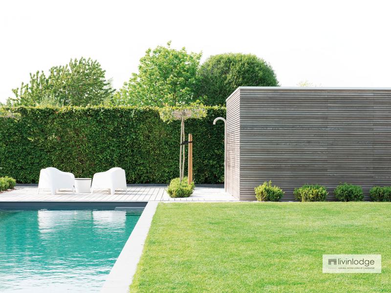 Moderne poolhouse met tuinberging Merchtem | Houten bijgebouwen op maat Moderne poolhouse met tuinberging Merchtem | Houten bijgebouwen op maat
