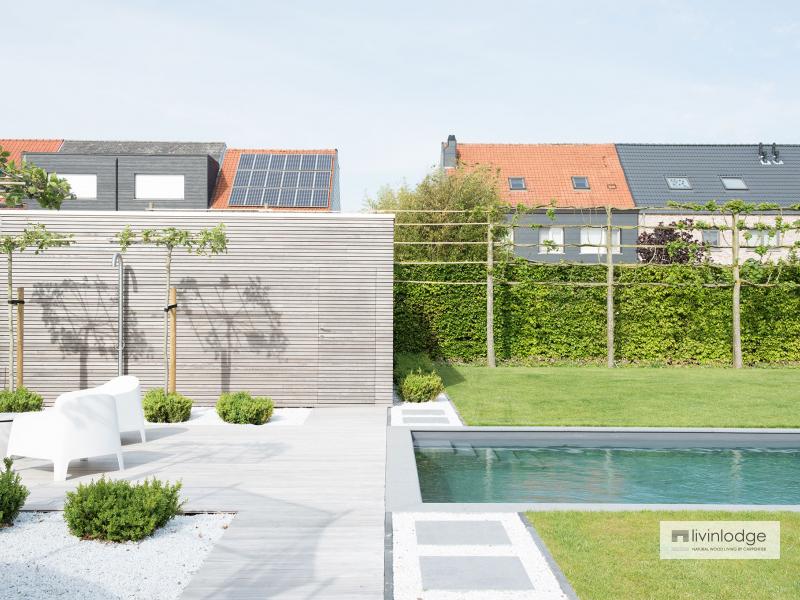 Moderne poolhouse met tuinberging Merchtem | Houten bijgebouwen op maat Moderne poolhouse met tuinberging Merchtem | Houten bijgebouwen op maat