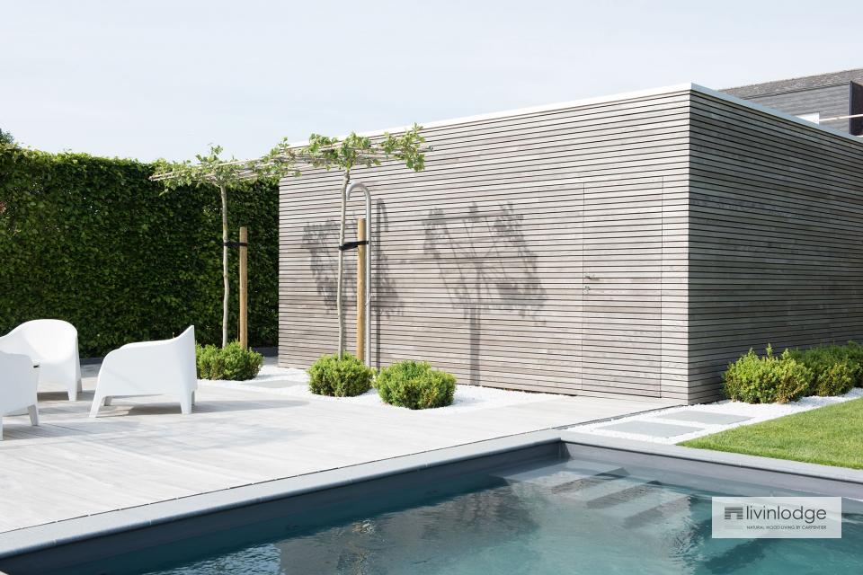 Minimalistische poolhouse met tuinberging te Merchtem Minimalistische poolhouse met tuinberging te Merchtem