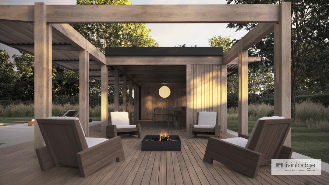 Loungeterras met vuurschaal bij moderne tuinkamer Loungeterras met vuurschaal bij moderne tuinkamer