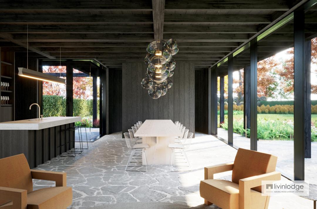 Intérieur d'un luxueux studio de jardin à finition noire Intérieur d'un luxueux studio de jardin à finition noire