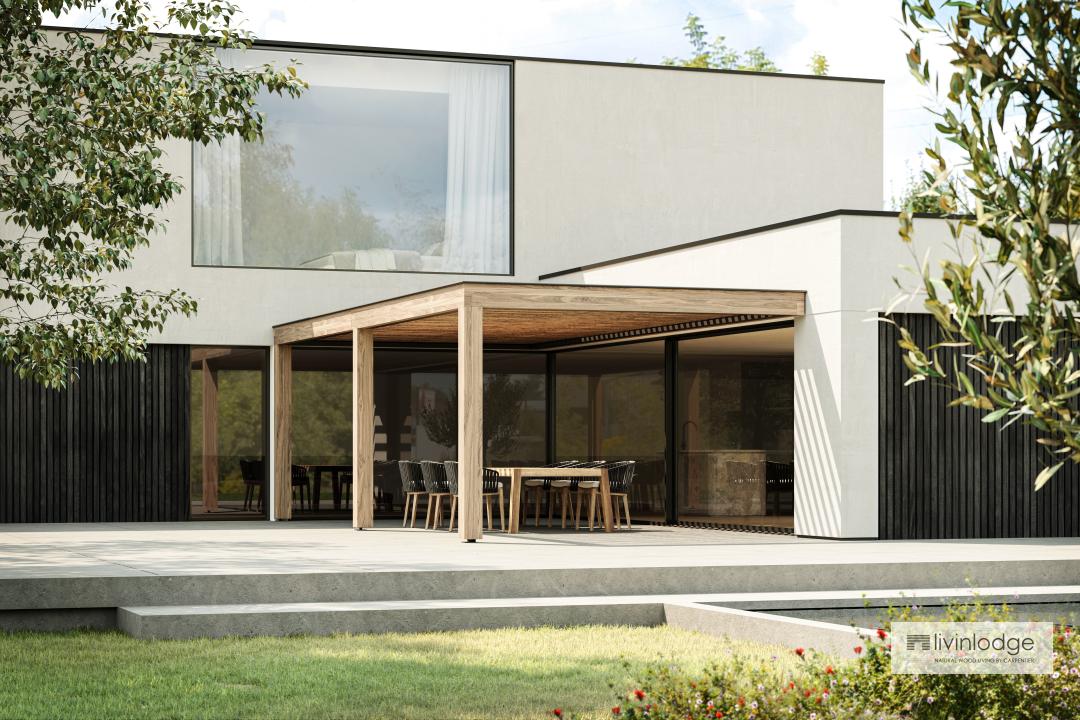 Houten lamellendak aangebouwd aan moderne woning Houten lamellendak aangebouwd aan moderne woning